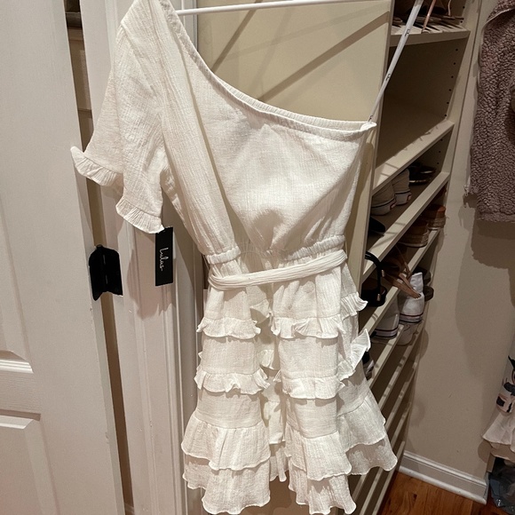 Lulus All the Love White One-Shoulder Tiered Ruffled Mini Dress MEDIUM - Picture 7 of 8